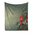 thumbnail image 1 of Dragonfly Soft Flannel Fleece Throw Blanket, Traditional Japanese Painting Lotus Blooms in Hazy Tones Design, Cozy Plush for Indoor and Outdoor Use, 70" x 90", Red Reseda Green, by Ambesonne, 1 of 6
