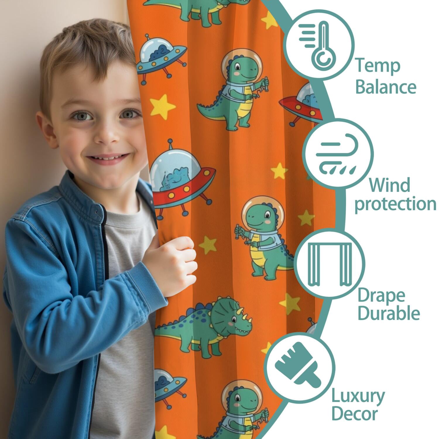Blackout Kids Curtains,Orange Cartoon Dinosaurs Rockets Planets Pattern Childrens Insulated Curtains Set Of 2,Bedroom Essentials,Toddler Room Decor 42"x63"
