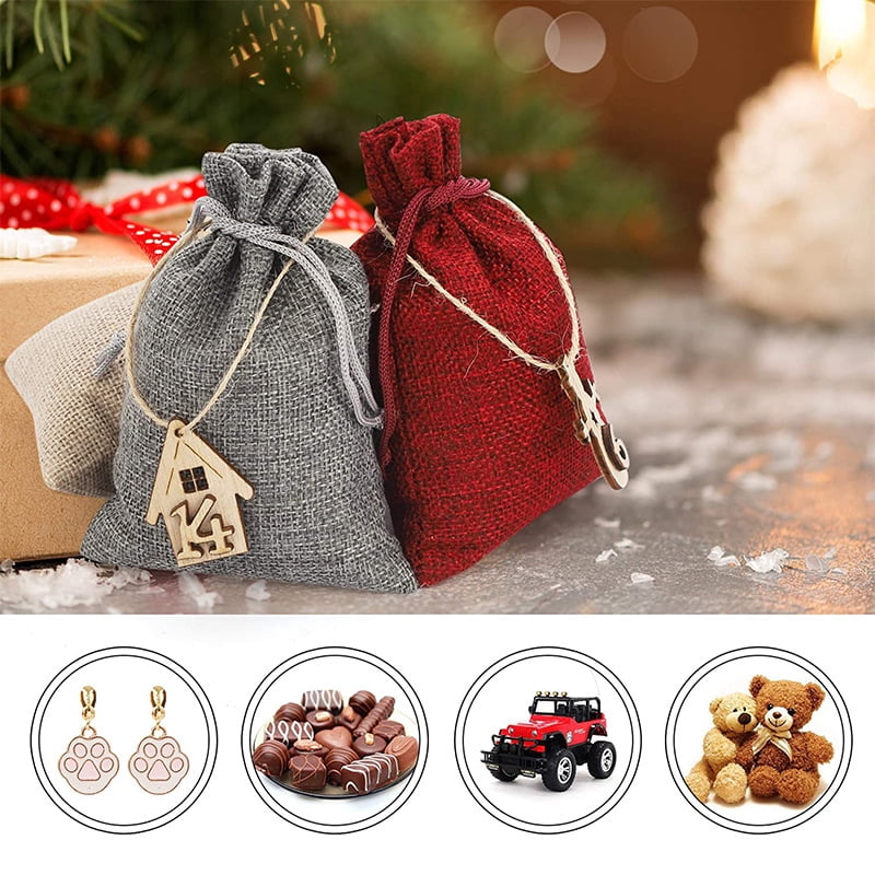 Lot de 24 sacs cadeaux réutilisables en tissu avec cordon de serrage pour calendrier de Noël, 24 jours, pour décoration de fête à la maison, créez votre propre calendrier (rouge
