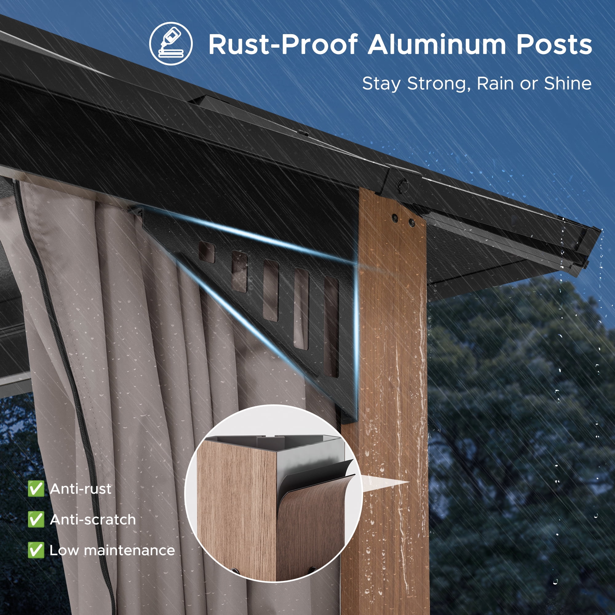 Sunjoy 12x12 Gazebo, Steel & PC Roof Hardtop Gazebo with Curtain and Netting,Kingston Series, Aluminum Posts
