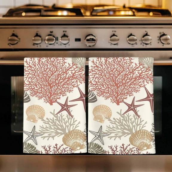 Red Coral Coastal Kitchen Towels Set of 3, Conch Starfish Nautical Ocean Absorbent Dish Towels for Kitchen, Microfiber Hand Towel, Quick Drying Tea Towel for Cleaning Decorative Dishcloths