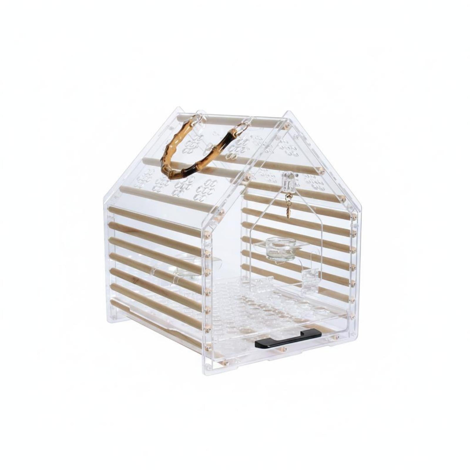 Bothyi Pet Bird Transport Cage Bamboo Handle Acrylic Bird Carrier Wood Slats Pet Medium Pointed Top