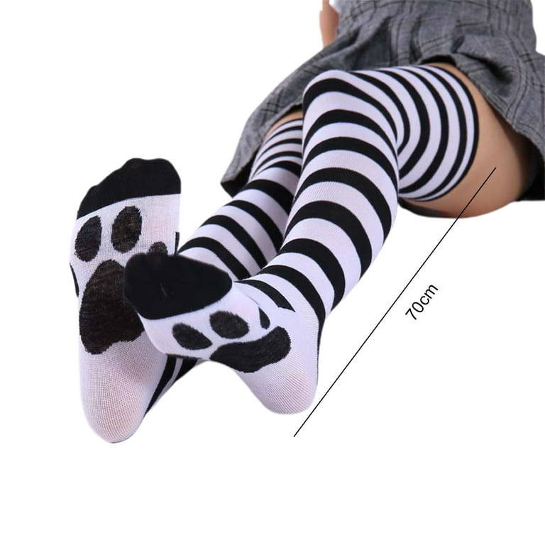 Opolski 1 Pair Women Over Knee Socks Color Matching Cat Feet Stretchy Thigh  High Stockings Spring Autumn Lolita Long Tube Socks for Daily Wear 