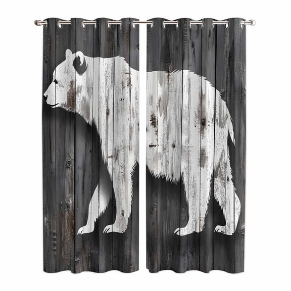 Vintage Bear Kitchen Curtains 84 Inch Length, Retro Farmhouse Country Wooden Grain Grommet Top Bedroom Living Room Curtains, Light Filtering Cafe Curtain Drapes 2 Panels Set 84''x84''