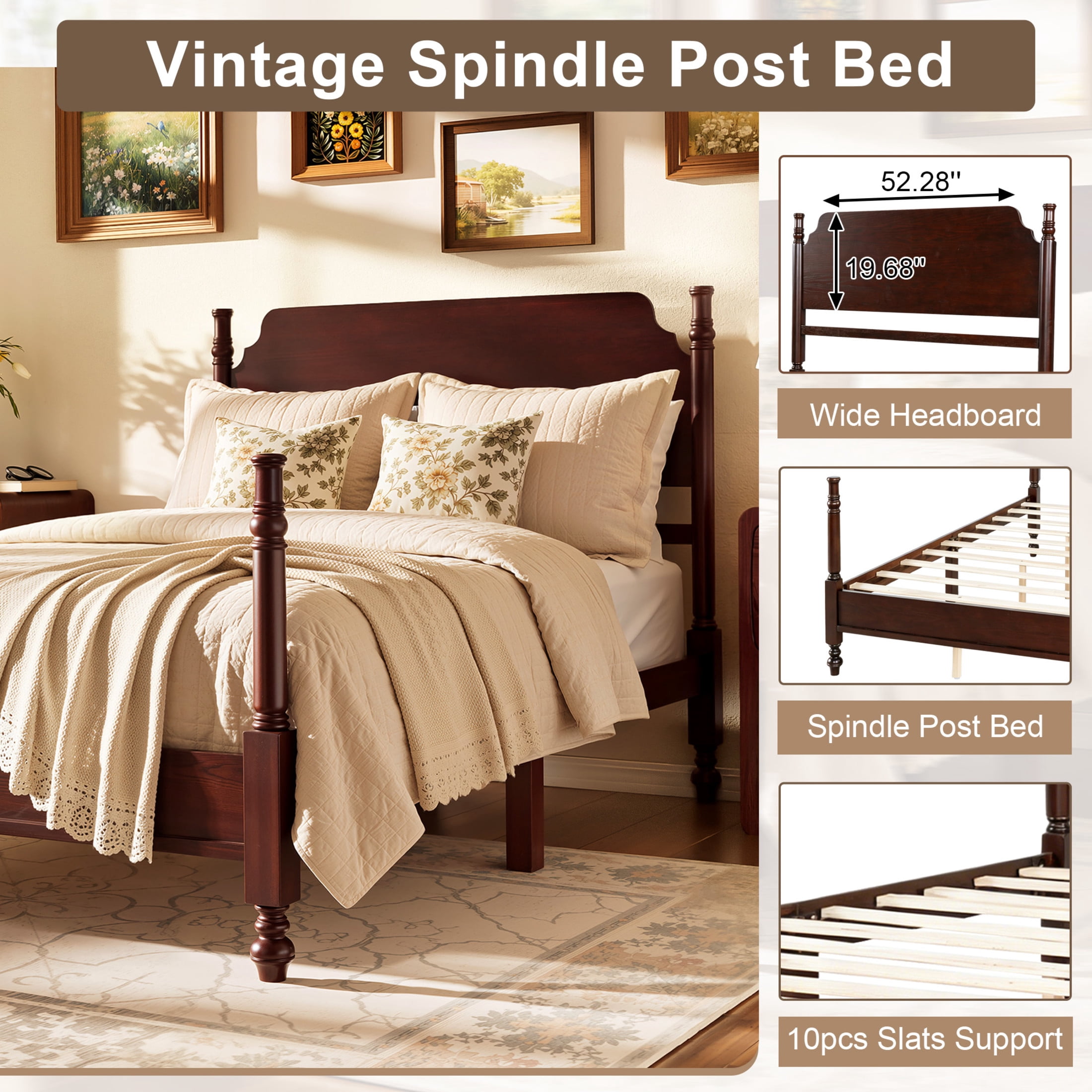 Noble House Full Spindle Platform Bed with Headboard, Traditional Wood Bed Frame, Dark Walnut