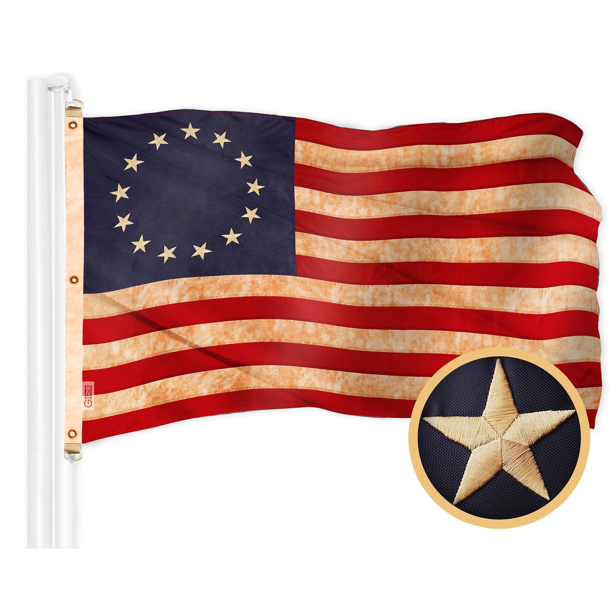 G128 Combo Pack: American USA Tea-Stained Flag 6x10 Ft & Betsy Ross Tea-Stained Flag 6x10 Ft | Both ToughWeave Pro Series Embroidered 420D Polyester, Embroidered Design, Indoor/Outdoor, Brass Grommets