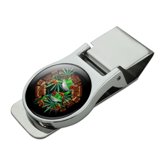 Tree Frog Aztec Temple Satin Chrome Plated Metal Money Clip