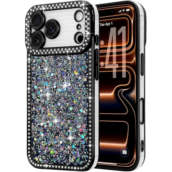 Waterbb for iPhone 17 Pro Max Case Glitter, Luxury Shiny Bling Sparkly Bumper Cover with Crystal Diamonds for Women Girls Soft Slim Shockproof Protective Phone Case for iPhone 17 Pro Max 6.9", Black