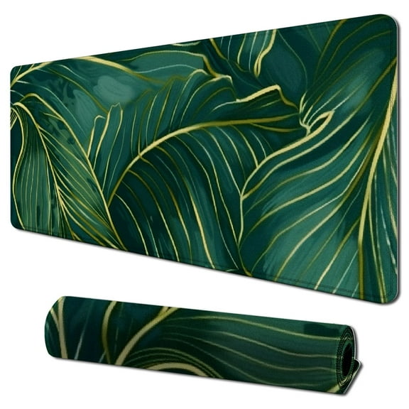 nygtbtfer Keyboard Mouse Pad Set, Extended Gaming Mouse Pad   Keyboard Wrist Rest Support, Memory Foam for Easy Typing Pain Relief,  Ergonomic  Ultra Thick Desk Mat,Green Golden Leaves 31.5x11.8 in