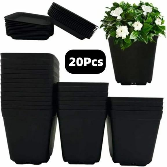 MODANU 20 Pack 3" Nursery Pot Flower Pots Square Plastic Plant Pot Plastic Starter Pots with Saucer Basket Indoor Outdoor for Your Room, Garden Office and Balcony Decor, Black