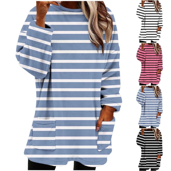 XPMWRP Fleece Pullover for Women Fuzzy Cozy Sweaters Striped Crew Neck Sweatshirts Thermal Warm Oversized Tops with Pockets White S