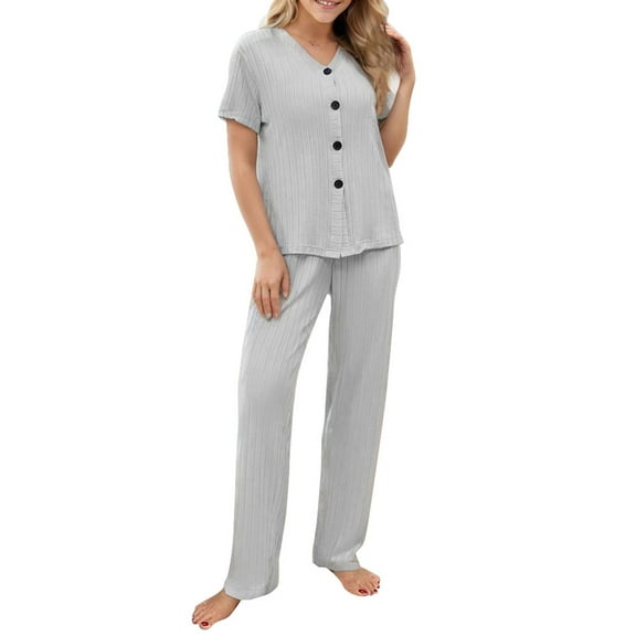 Lounge Sets for Women Knit Short Sleeve Tops and Long Pants Soft Comfy Pajamas Set Oversized 2 Piece Outfits
