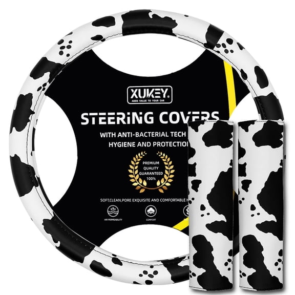 XUKEY Cow Print Steering Wheel Cover and 2 Pack Seat Belt Shoulder Pad Non Slip Universal 14.5" to 15"