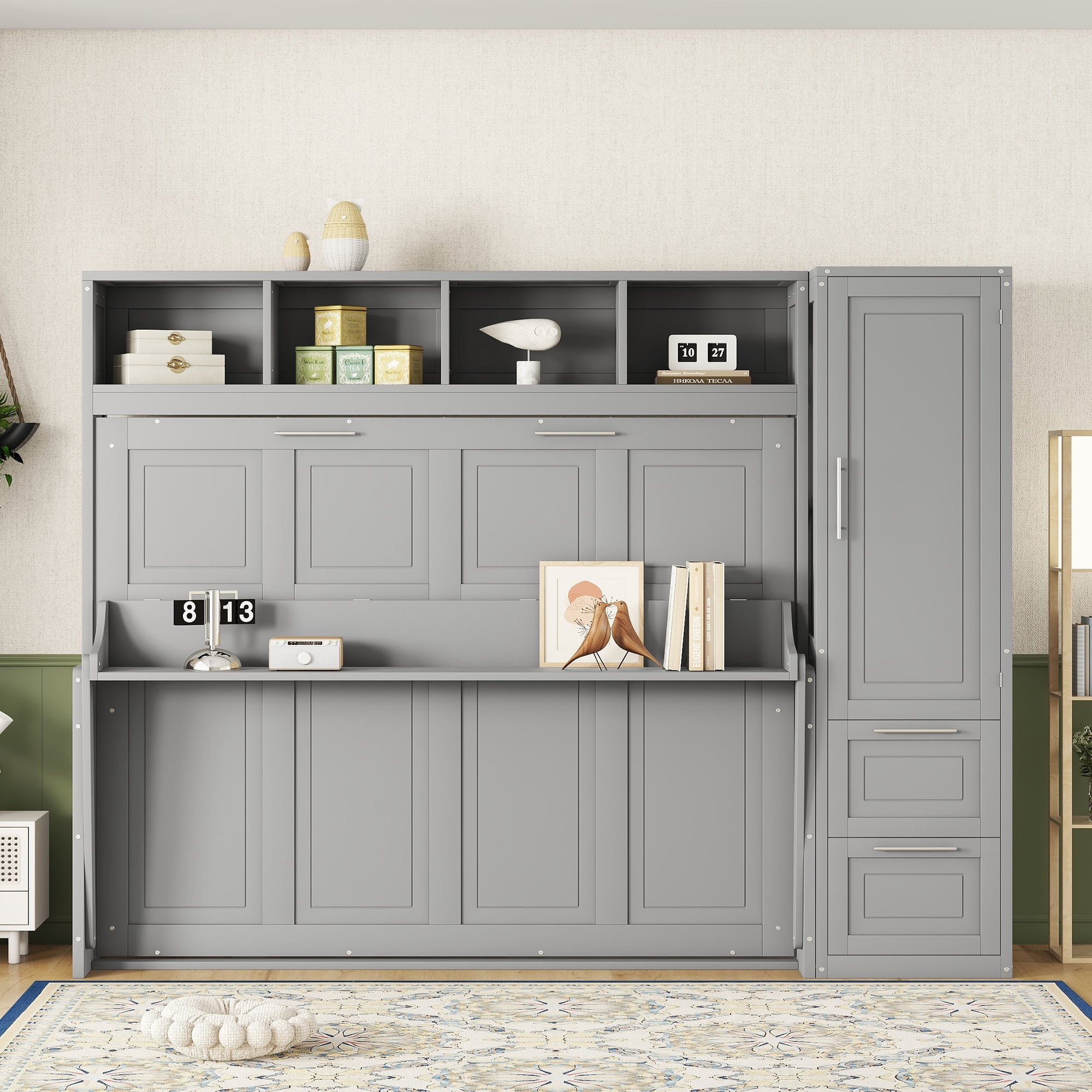 Euroco Wood Queen Size Murphy Bed with Wardrobe, Convertible Wall Bed wiht Cabinets and Shelves, Gray