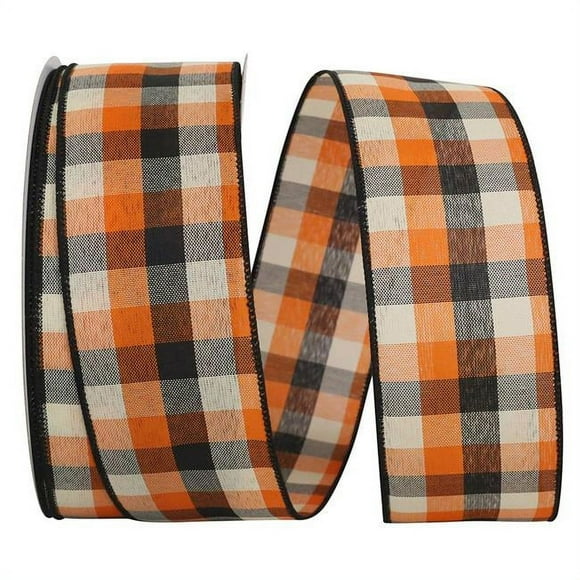 Reliant Ribbon 93463W-517-40K Afternoon Tonal Plaid Wired Edge Ribbon - Orange & Black - 2.5 in. x 50 yards