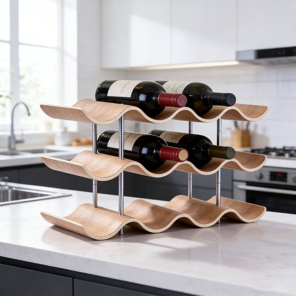 iFCOW Countertop Wine Rack, 12 Bottle Freestanding Wine Bottle Holder Stand, 3 Tier Wooden Wavy Wine Storage Rack, Wine Organizer for Cabinet Pantry Home Kitchen Bar