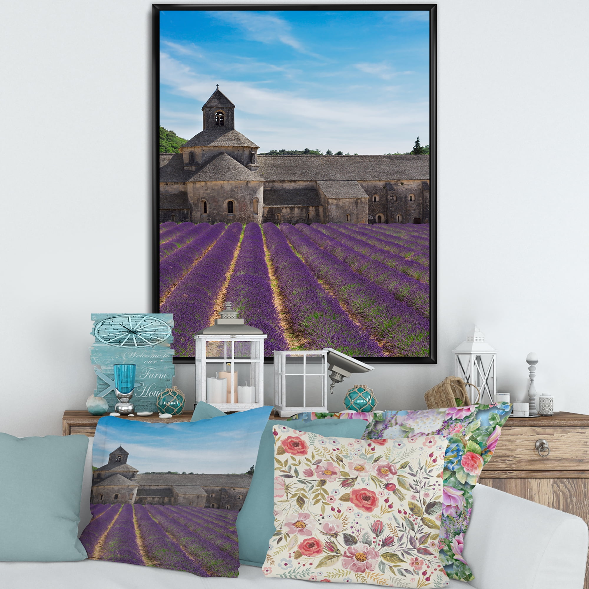 Designart 'Abbey With Lavender Field In France' Farmhouse Framed Canvas Wall Art Print