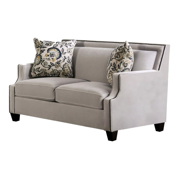 Furniture of America Brier Transitional Fabric Nailhead Loveseat in Light Gray