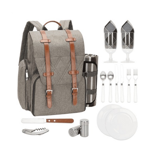 Picnic Backpack for 2 Person with Large Insulated Cooler Bag, Picnic Basket Set with Wine Pouch, Waterproof Picnic Blanket & Cutlery Set. Perfect for Beach, Camping,Wedding Gift for Couple.Beige