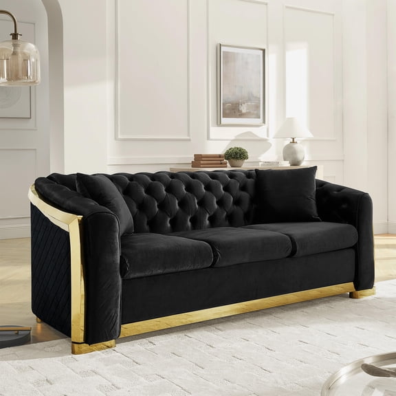84" Black Velvet Chesterfield Sofa, 3-Seater Mid Century Modern Couch with Gold Stainless Steel Accents, Luxury Button Tufted Living Room Sofa with Pillows