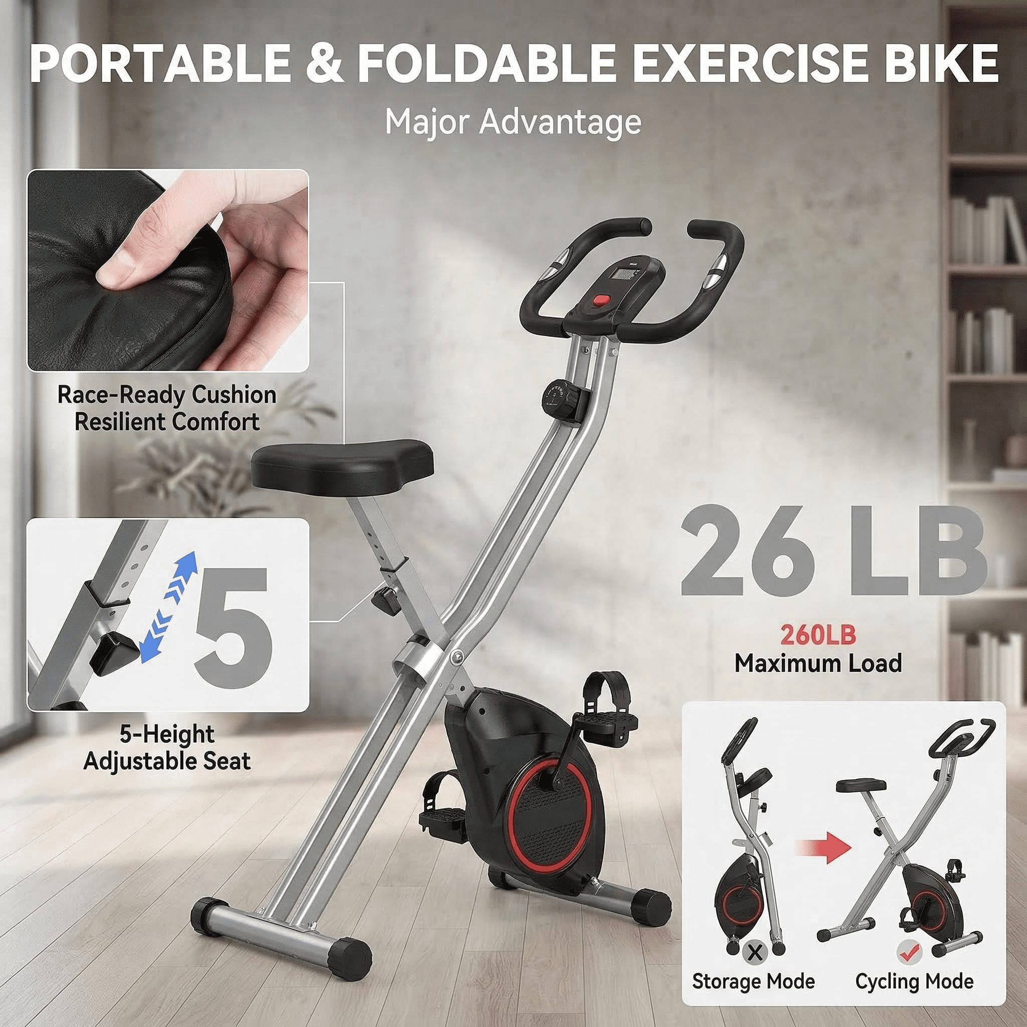 USLIM Foldable Exercise Bike for Small Apartments, Stationary Bikes for Home Workout with 16-Level Magnetic Resistance, LCD Monitor, 260 lb Capacity