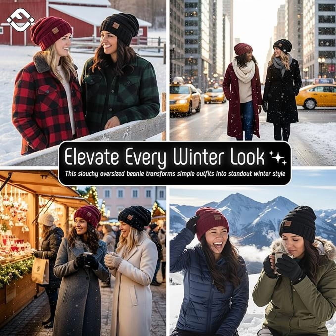 Funky Junque Slouchy Beanie for Women – Warm Winter Hat, Soft Chunky Cable Knit Oversized Slouch Beanies for Cold Weather, Cozy Stylish Fashion Hats - 2 Pack - Black & Burgundy