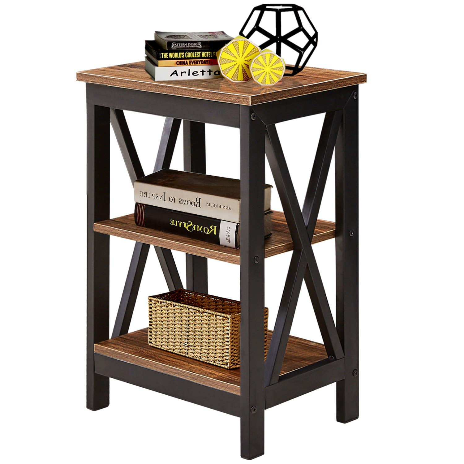 VECELO 3 Tier XDesign Nightstand End Accent Table with Storage Shelves