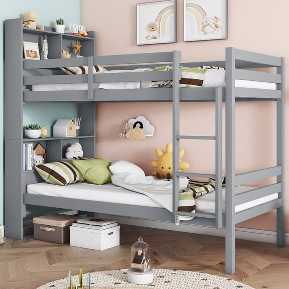 Leumius Twin Over Twin Bunk Bed with Shelves , Rubber Wood Bed with Shelves Headboard, Safety Guardrails and Ladder, Convertible to 2 Beds for Boys Girls Grey