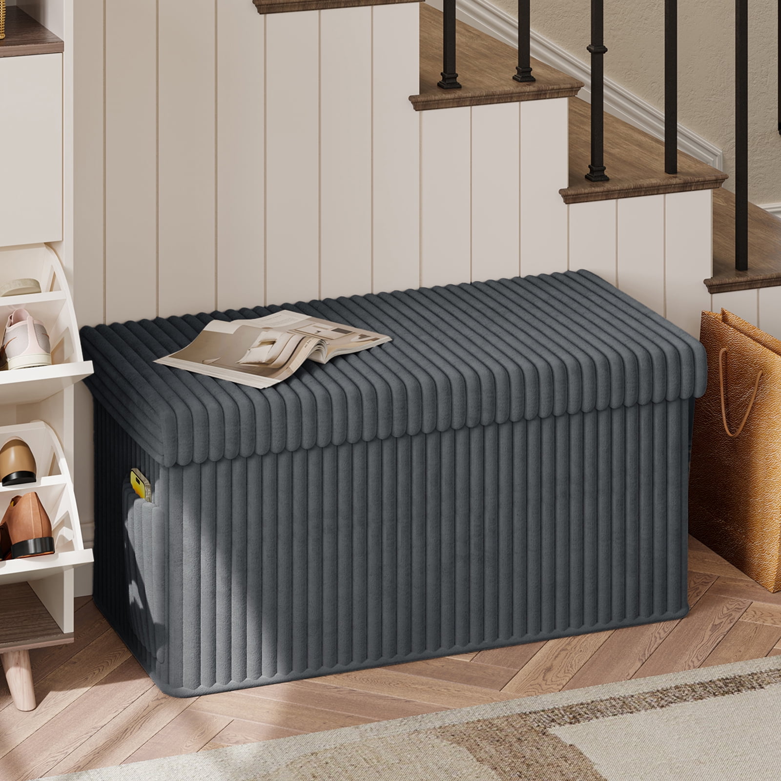 Pinmoco 30" Folding Storage Ottoman Bench, Gray photo 3