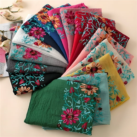 TELOLY Embroidered Flower Scarf Cotton Women Long Wrap Bandana Scarves Girl Shawl Gift