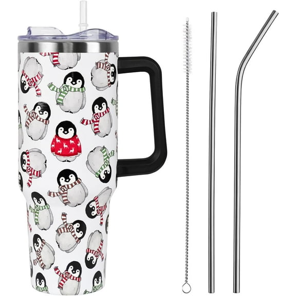 Christmas Winter Tumbler with Handle and Straw Lid 40 oz,Merry Xmas Baby Penguin Gifts for Women Vacuum Insulated Leak Proof Cup,Cute Holiday Accessories Stainless Steel Coffee Cup
