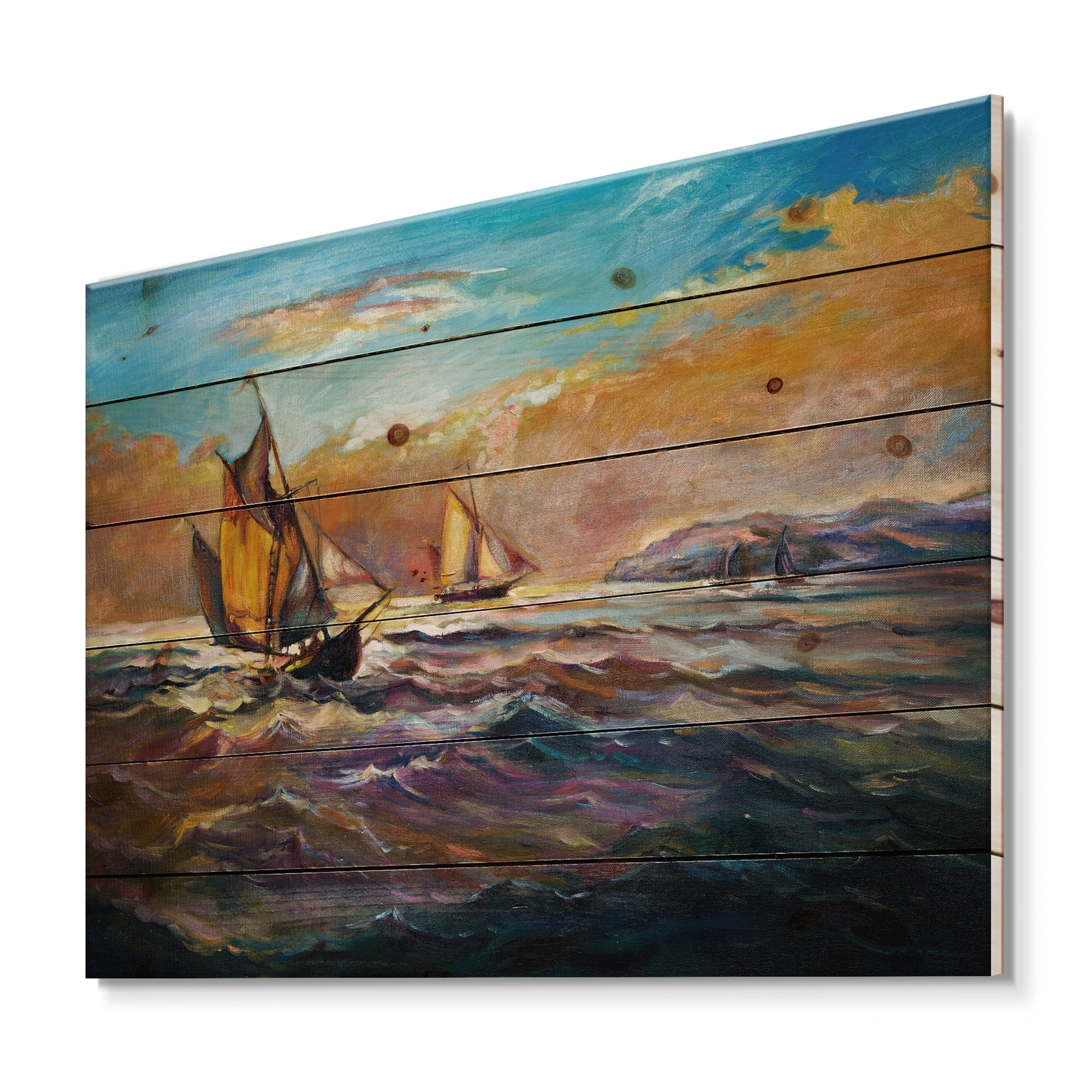 Designart 'Boats During Evening Sunset In The Ocean II' Nautical & Coastal Print on Natural Pine Wood