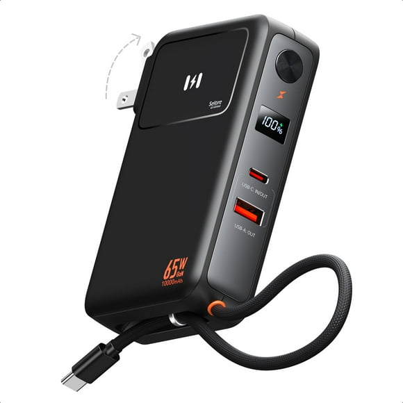 3-in-1 Portable iPhone Charger with 65W AC Wall Plug, 10,000mAh Power Bank with 35W Built-in USB-C Cable, LED Display Battery Pack Fast Charging Compatible with iPhone,