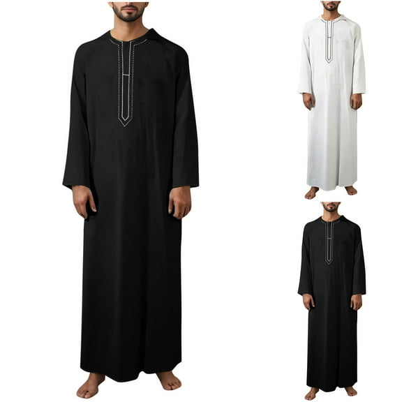 Nmnitkp Long Sleeve Kaftan Thobe Button down Men Thobe with Pocket Big and Tall Kaftan Muslim Men Thobe Black,L