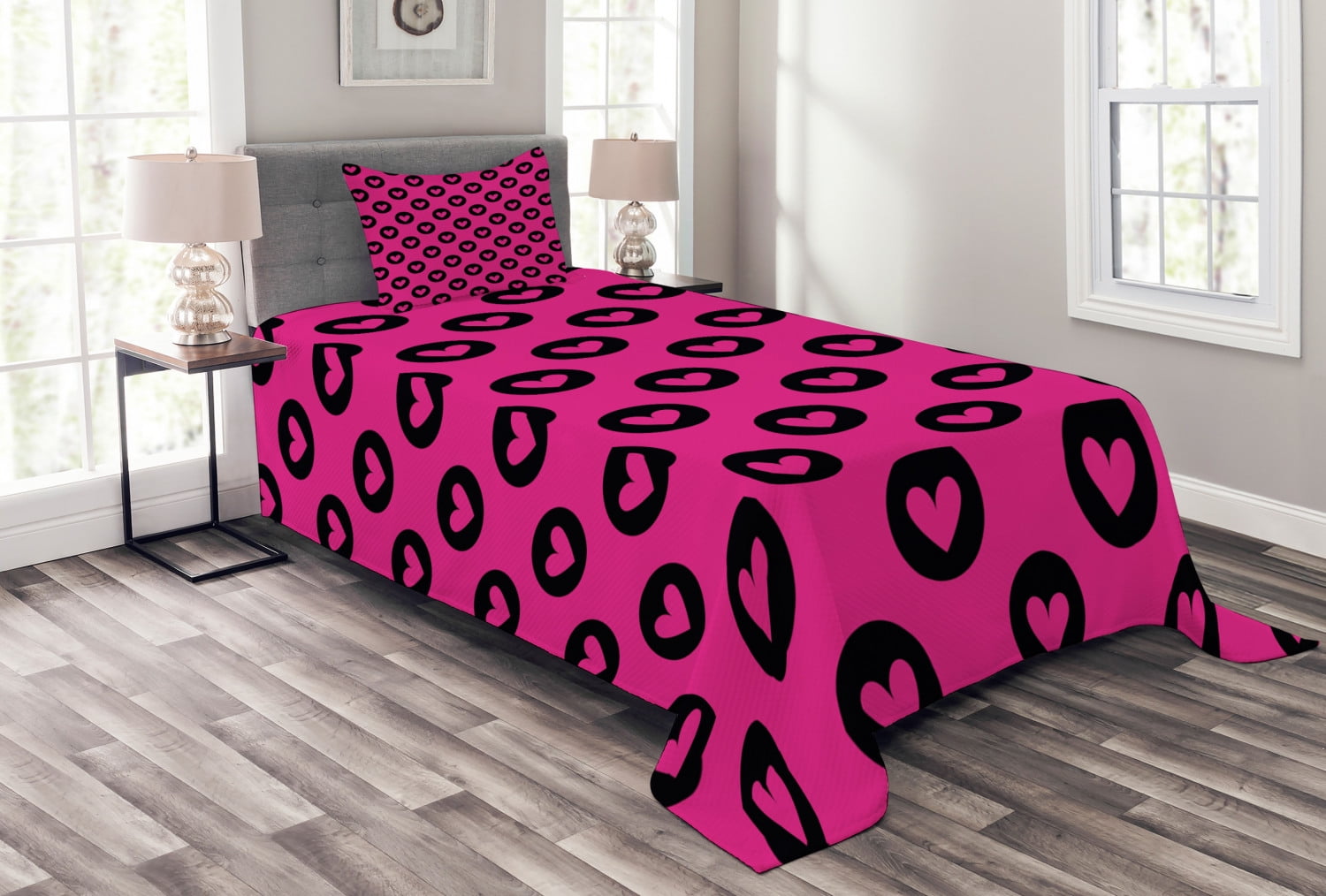 Hot Pink Bedspread Set, Cute Pink Hearts inside Big Black Spots Pattern