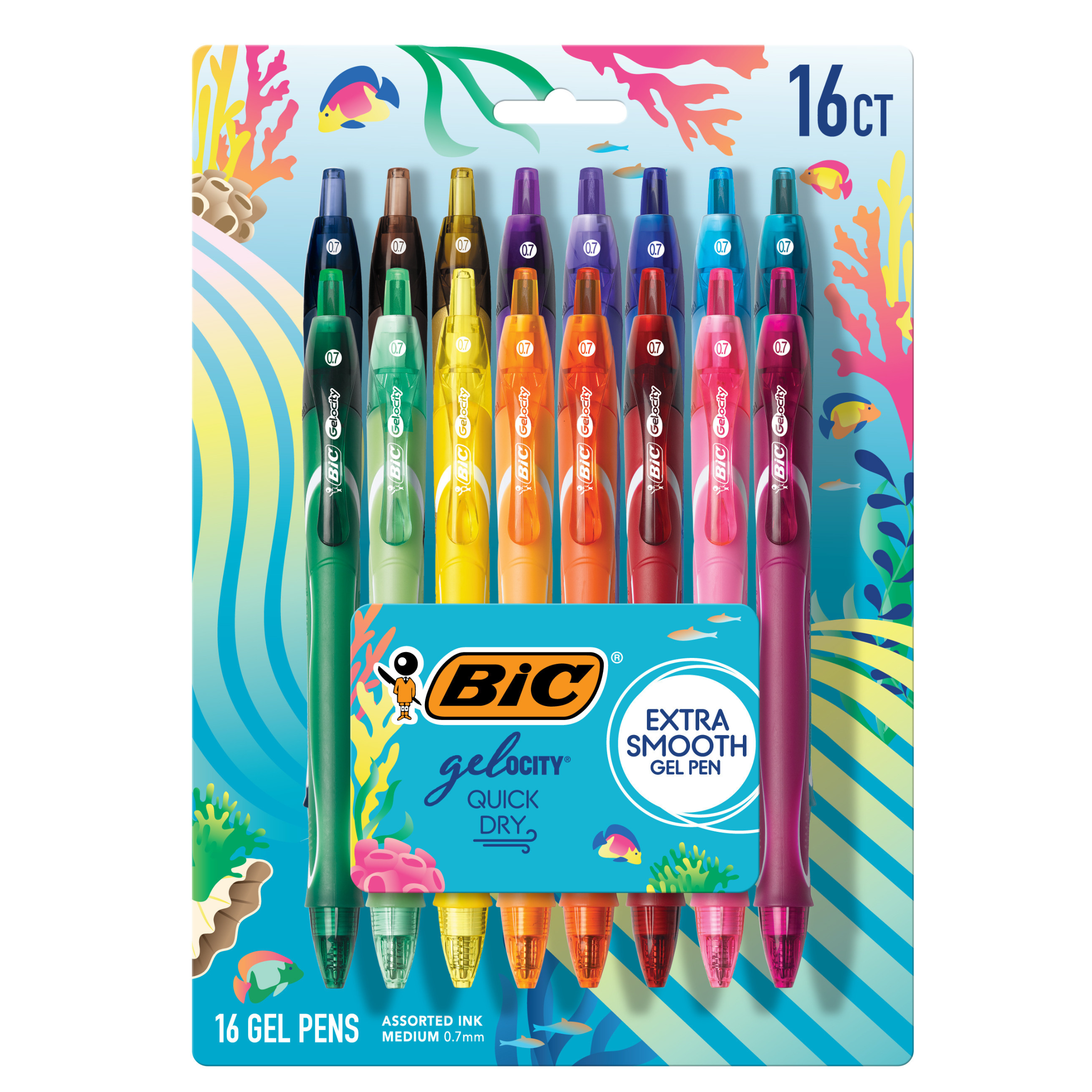BIC Gelocity Quick Dry Gel Pens, School Supplies, 0.7 mm Medium Point, Assorted, 16-Count