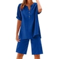 thumbnail image 5 of Linen Short Sets for Women 2 Piece Short Sleeve Shirts Wide Leg Shorts Loose Fit Casual Cotton Linen Sets Summer Outfits Blue S, 5 of 7