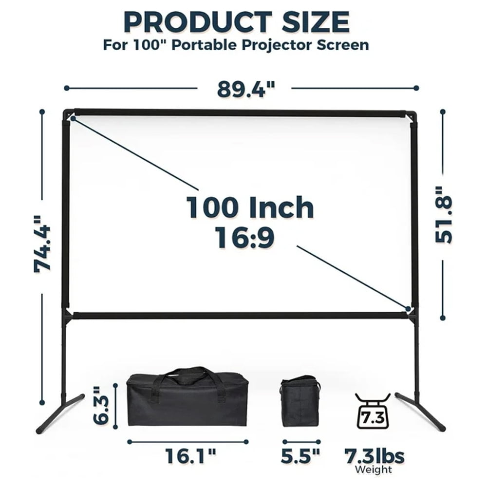 GT GETCO TECH Portable Projector Screen and Stand, 100 inch Outdoor Projector Screen, 16:9 4K HD Movie Screen, Support Double Sided Projection