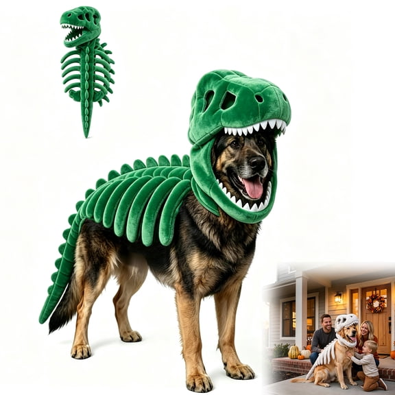 Dog Dinosaur Costume, Glow in Dark Skeleton Halloween Costume for Dogs, Large Dog Costumes, Soft Plush T-Rex Pet Outfit (Green, 35.4in)