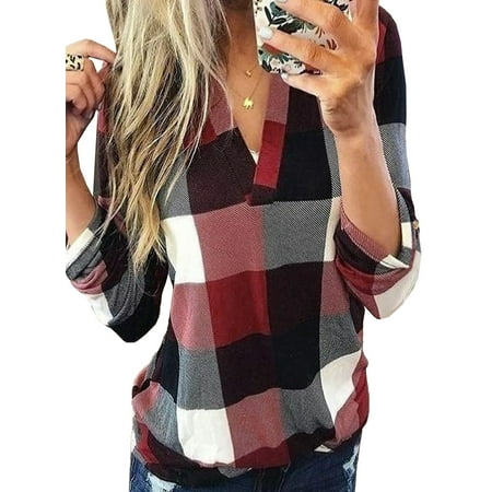 Aleumdr Women Oversized Shirts for Fall Casual Tops Red Plaid Print V Neck Long Sleeve Shirts XL