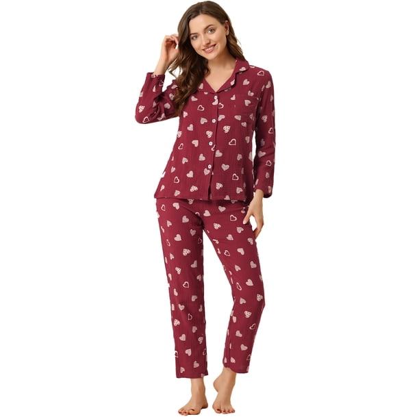 Conjuntos de pijama para mujer Ropa de dormir de manga larga Traje de noche suave para mujer Conjuntos de salón Pj rojo M