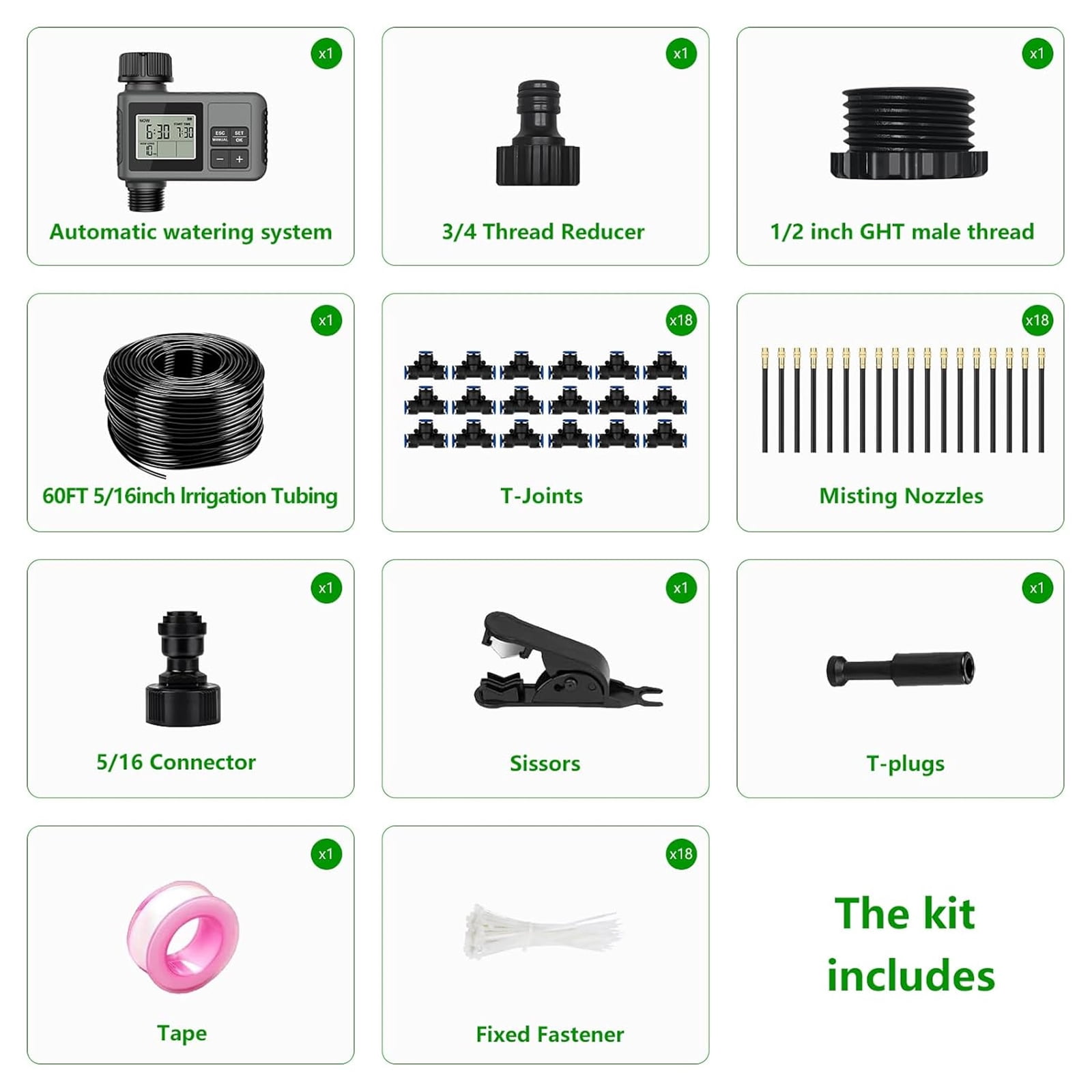 Petyoung 60FT Drip Irrigation System with Water Timer, Automatic Garden Watering Kit with Bendable Hose and Adjustable Nozzles for Greenhouse