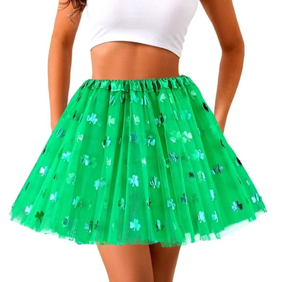 qILAKOG Women's St. Patrick's Day Tulle Tutu Skirts Irish Shamrock Print Puffy Elastic Waist Full Skirt Tutu Adult Tiered Green Clover Skirt Green Free Size