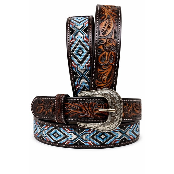 31-32 Western Antique Floral Tooled Beaded Full-Grain Leather Belt 26FK55
