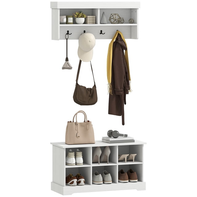 HOMCOM Ensemble de Banc à Chaussures et Portemanteau avec 8 Casiers de Rangement, Blanc