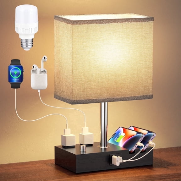 NiteLoom 16.3" Bedside Table Lamp with USB A C Ports & 2 AC Outlets, Dimmable Nightstand Light for Bedroom, Living Room, Dorm, Office