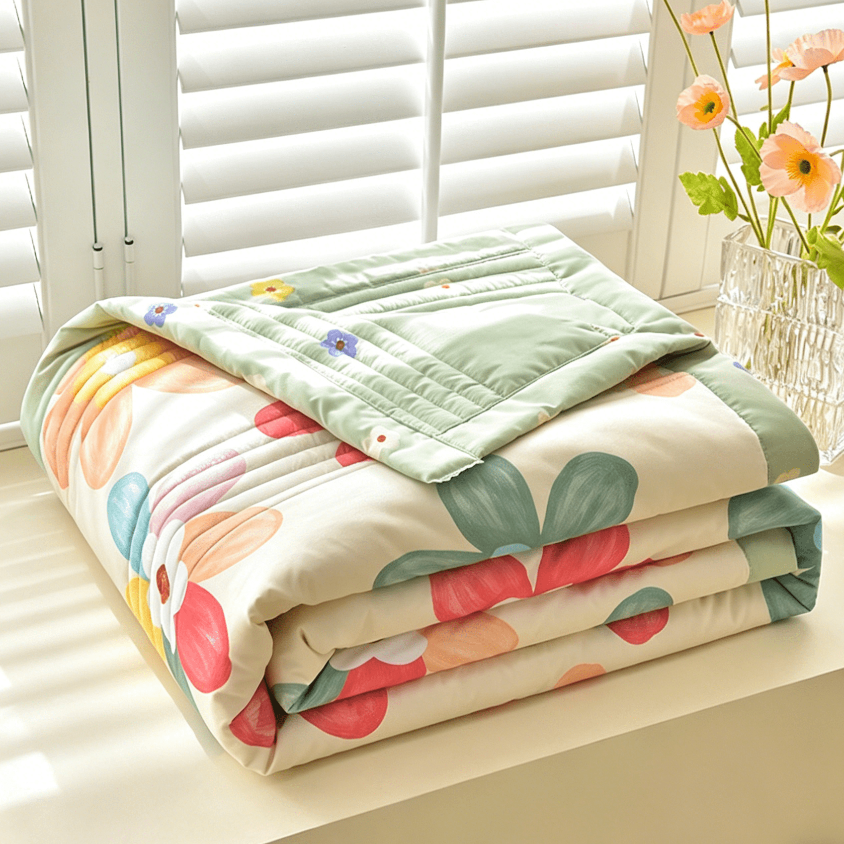 Oaskys Cartoon Flower Pattern Thin Quilt – Breathable Lightweight quilt with Cute Floral Design, Double-sided blanket for Girls, Toddlers & Teen