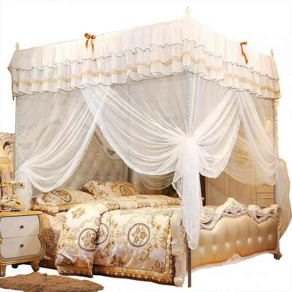 Fyydes 4 Corners Post Three Side Openings Bed Canopy Curtains Drape Canopy Bed Netting for Full Bed for Adult and Chidren
