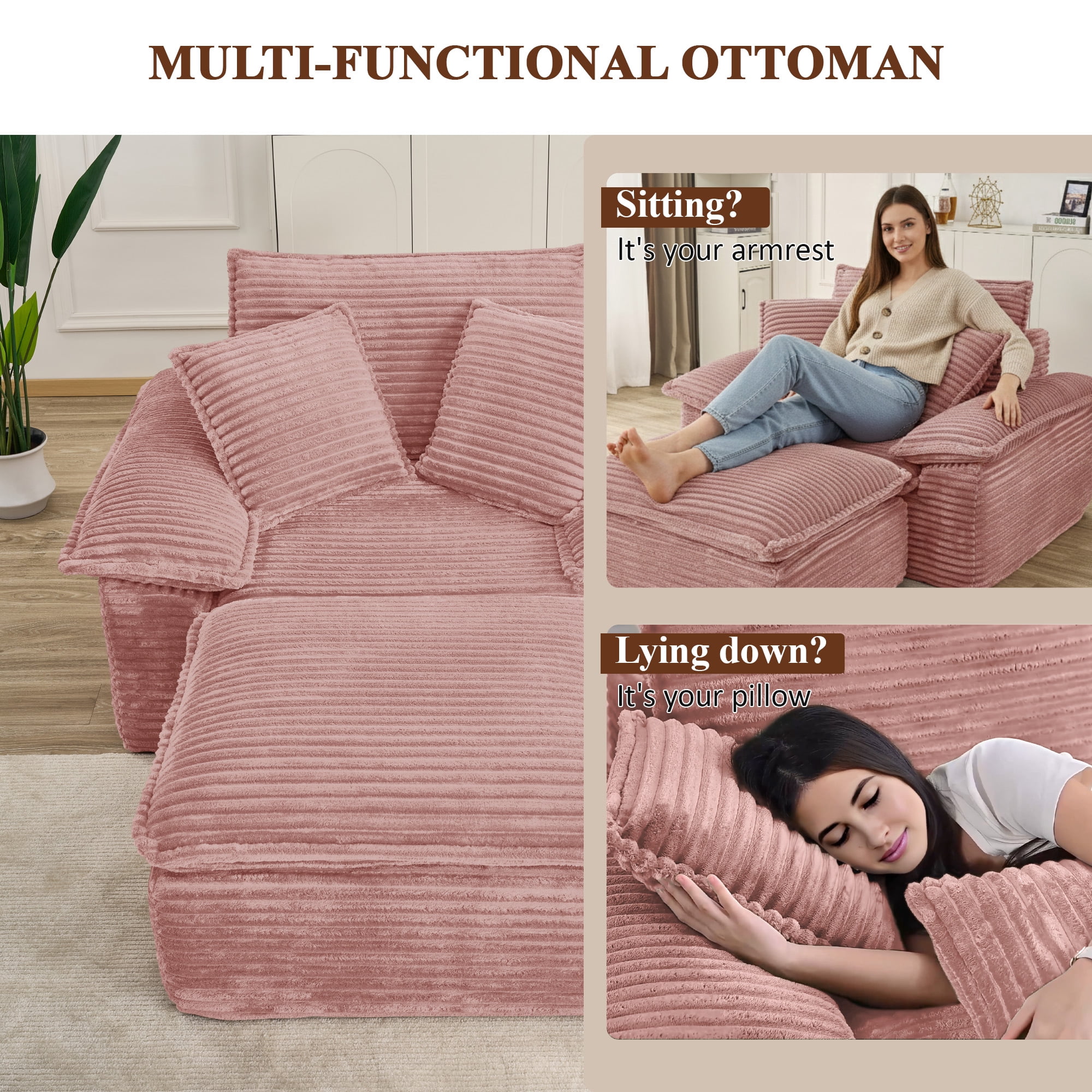 Aukfa 63.5" Oversized Chaise Lounge Sofa with Movable 2-Layer Ottoman, Deep Seat Boneless Couch, Corduroy Lounge Chair, Pink