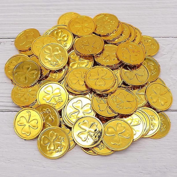 100 monedas de plástico de la buena suerte, confeti de trébol, chispas de mesa para decoración de fiestas, regalos y suministros.